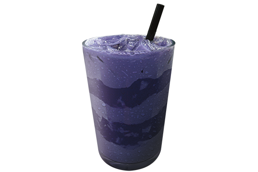 Red Ribbon Ube layered drink in a tumbler with a straw on a white background