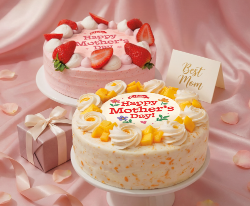 Two Mother's Day cakes with decorative elements on a pink background