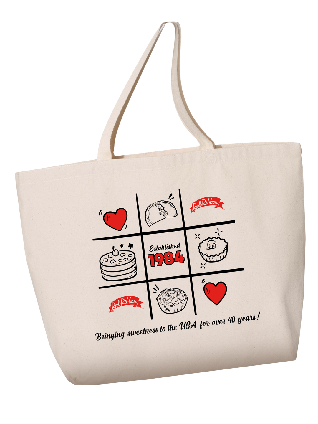 Red ribbon tote back with heart, mamon, cake design. Bringing sweetness to the USA for over 40 years