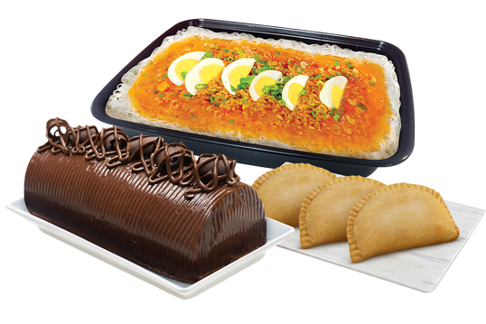 Palabok Family Platter with Triple Chocolate Roll and Three empanadas