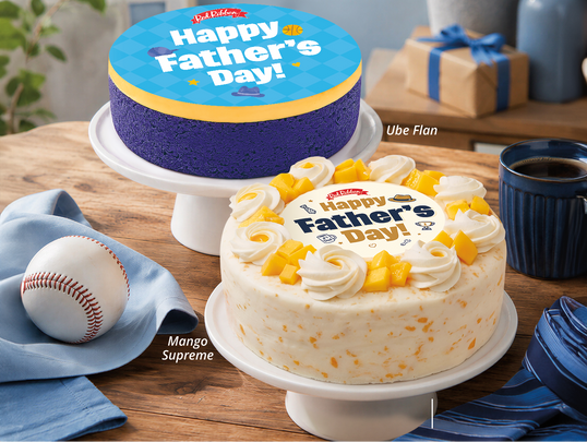 Red Ribbon Father’s Day cakes featuring cakes include the Ube Flan and Mango Supreme on a festive table setting.