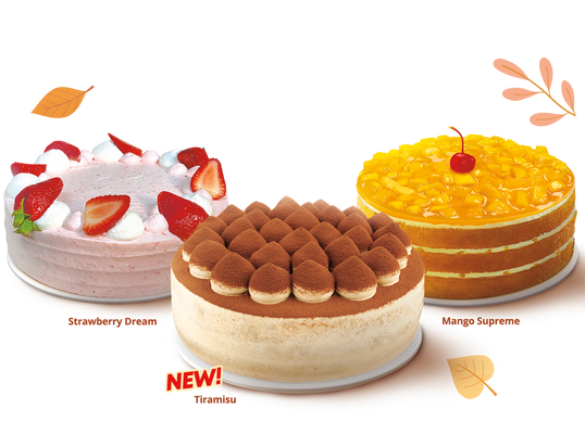 Strawberry Dream Cake, New Tiramisu Cake, and Mango Supreme Cake