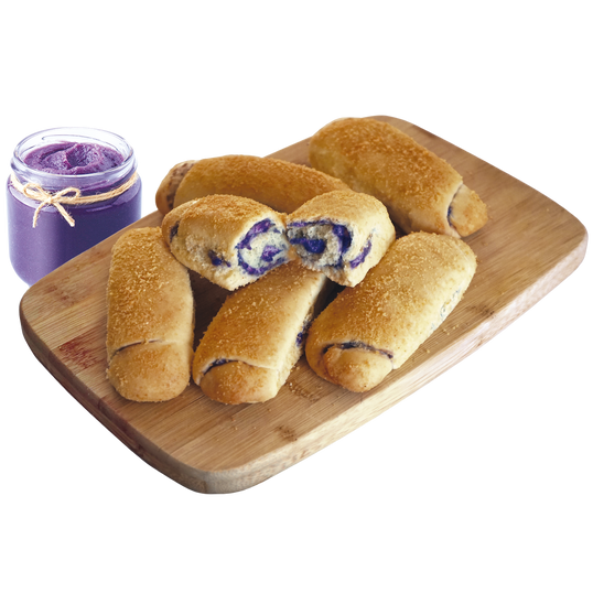 Ube Spanish Bread with a side of ube in a jar