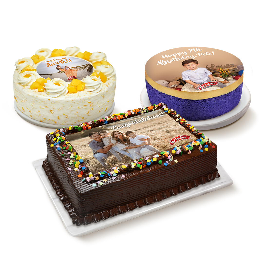 Three Red Ribbon cakes—chocolate sheet cake, white mango cake, and purple ube cake—each customized with a different printed edible photo and message for birthdays, anniversaries, and graduations.