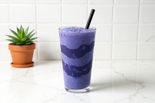 Purple ube milk in a glass with a straw on a white countertop, next to a small potted plant.